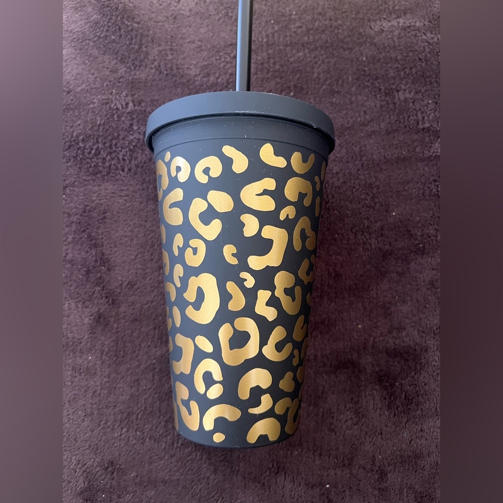 Gold Leopard Print Reusable Tumbler with Straw
